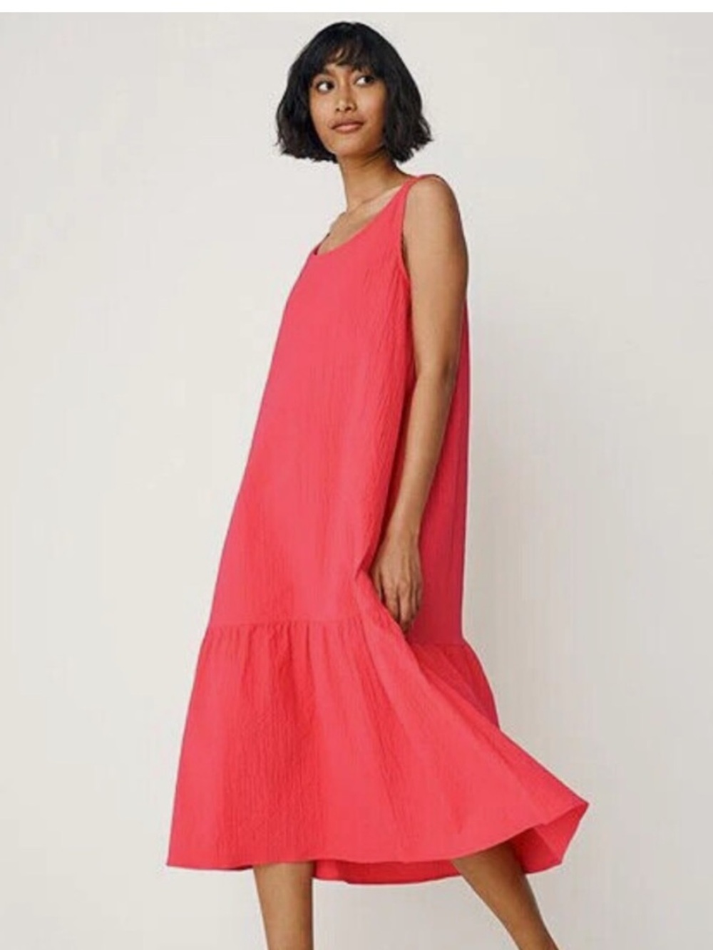 Eileen Fisher Coral Pink Seersucker organic cotton midi dress